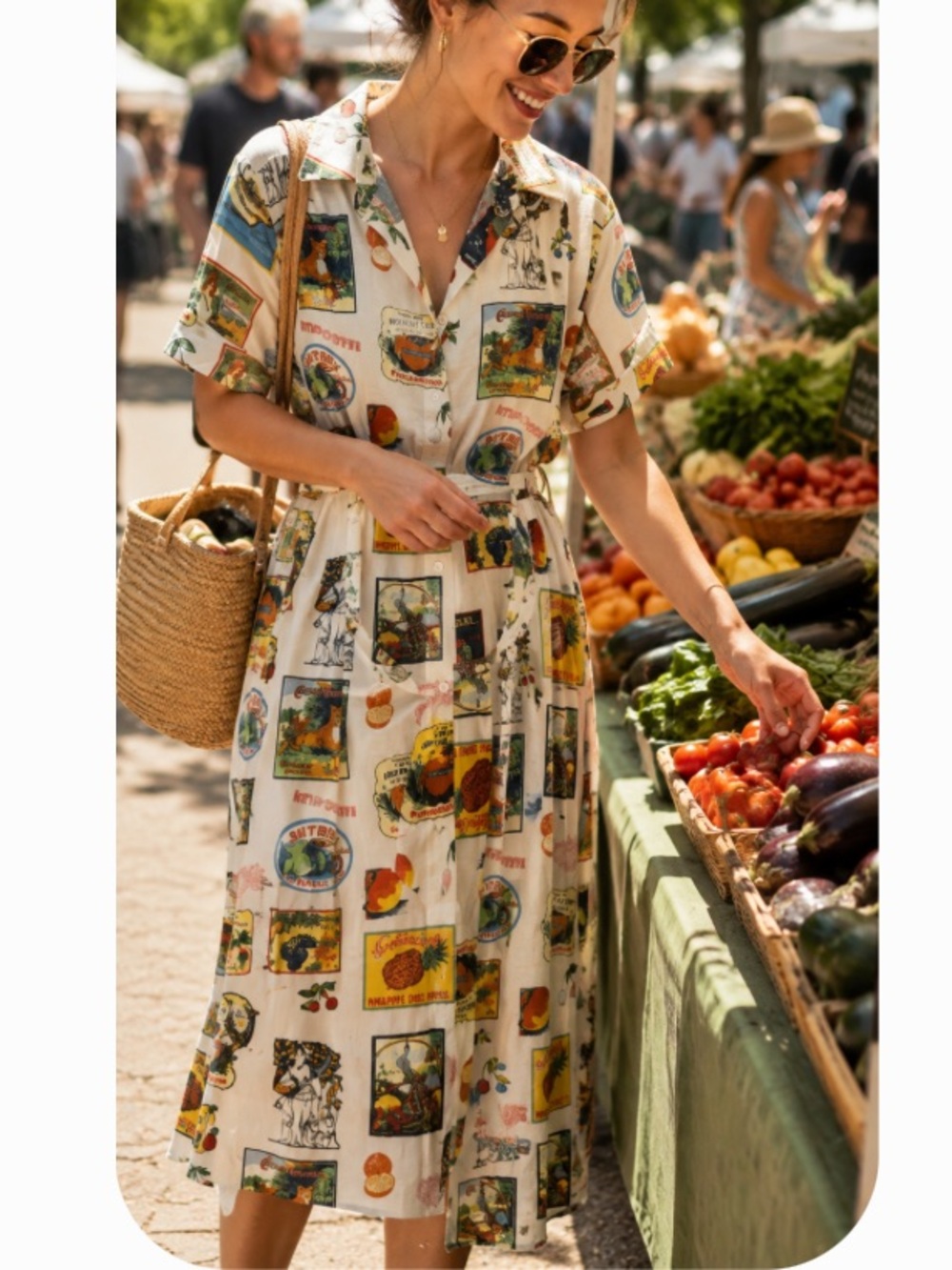 Jane and Delancey Fruit Crate Novelty Printed Linen Blend Midi Dress NWT